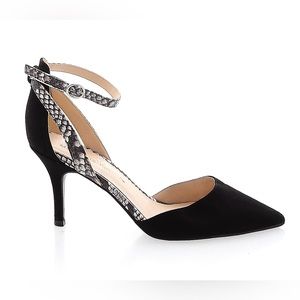 Black suede low heel Marc Fisher pumps w/ ankle strap and snake pattern contrast